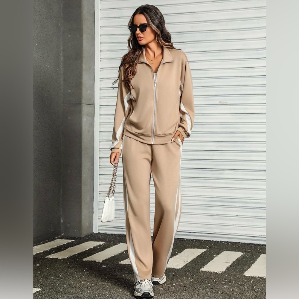 Beige Track Jacket & Jogger Set with White Side Stripes